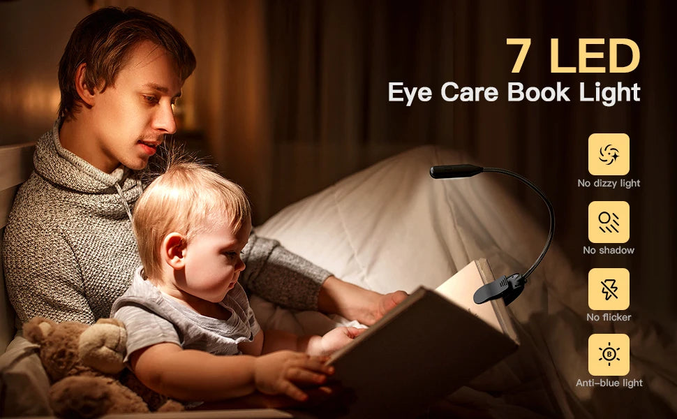 Book Light Mini 7 LED Reading Light Rechargeable 3-Level Warm Cool White Flexible Easy Clip Lamp Read Night Reading Lamp in Bed - PYJ IT Solutions Online Shop