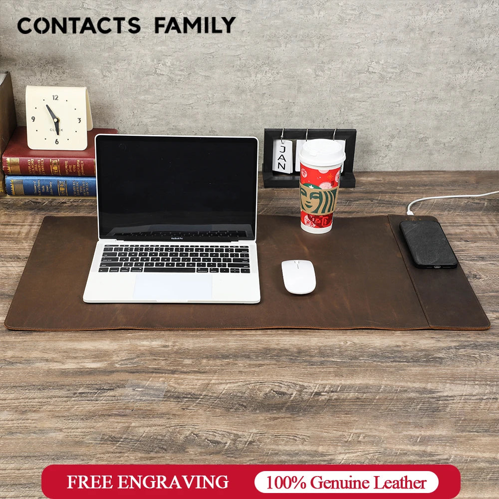 Genuine Leather Mouse Pad With Phone Qi Wireless Charging For Xiaomi Samsung Galaxy Huawei Type USB C 15W Fast Charging Desk Mat - PYJ IT Solutions Online Shop
