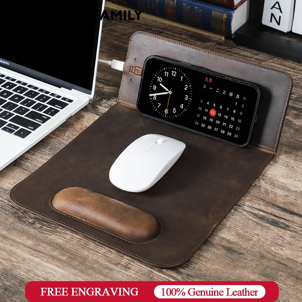 Genuine Leather Mouse Pad With Qi Wireless Charging Desk Pad For Xiaomi Iphone Samsung Galaxy Huawei Type USB C Keyboard Mat - PYJ IT Solutions Online Shop