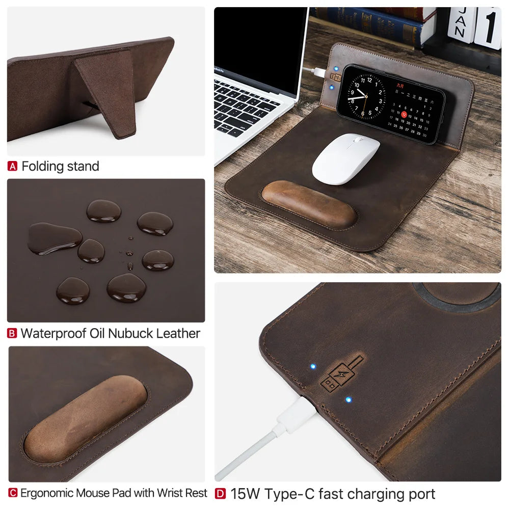 Genuine Leather Mouse Pad With Qi Wireless Charging Desk Pad For Xiaomi Iphone Samsung Galaxy Huawei Type USB C Keyboard Mat - PYJ IT Solutions Online Shop
