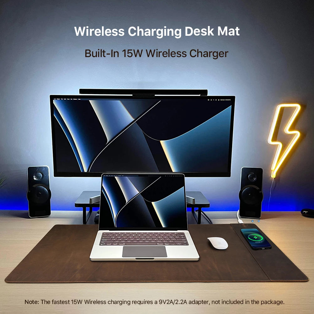 Genuine Leather Mouse Pad With Phone Qi Wireless Charging For Xiaomi Samsung Galaxy Huawei Type USB C 15W Fast Charging Desk Mat - PYJ IT Solutions Online Shop