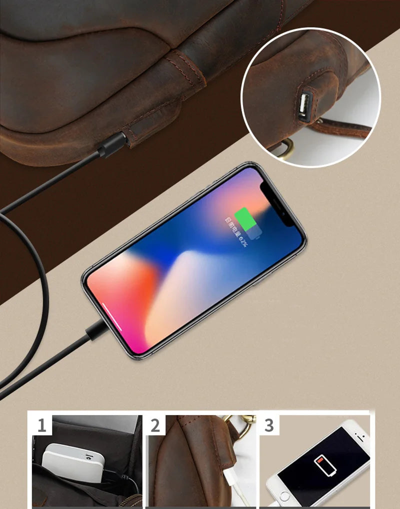 USB Charging Mans Chest Pack Fit 12" iPad Genuine Leather Male Sling Bag Sports Riding Chest Bag Male shoulder Travel Bag - PYJ IT Solutions Online Shop