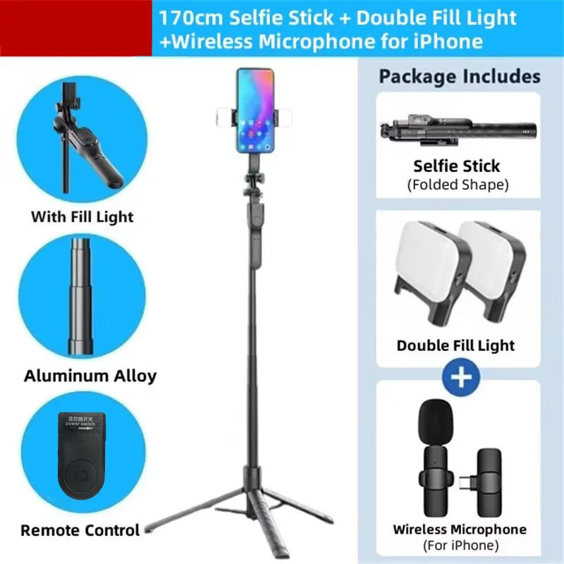 COOL DIER New 1.7M Wireless Selfie Stick Tripod Foldable Stand For Gopro Action Cameras Smartphones Balance Steady Shooting Live - PYJ IT Solutions Online Shop