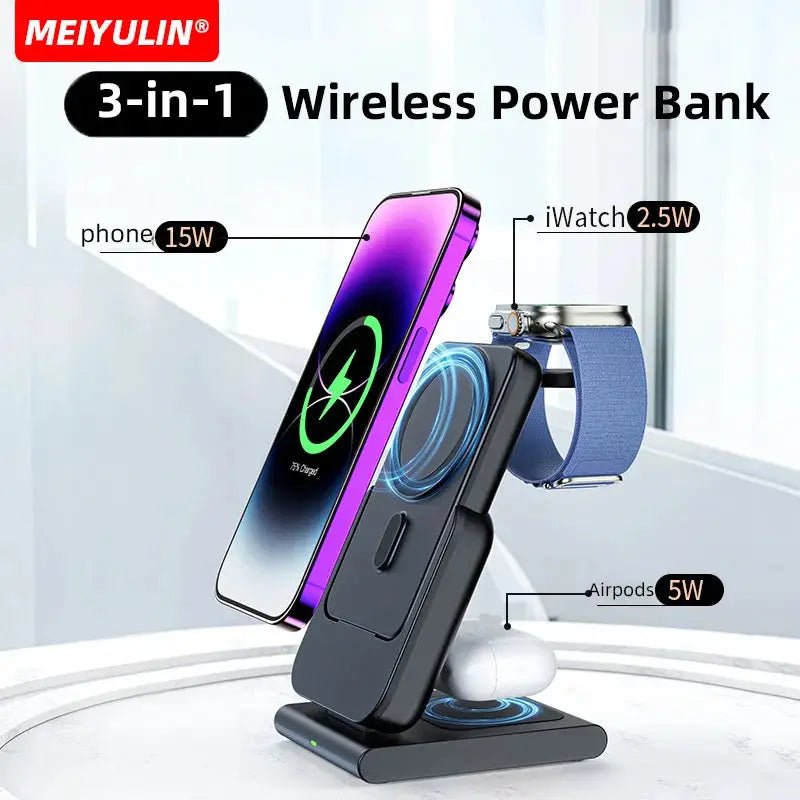 10000mAh Magnetic Power Bank 3 in 1 Wireless Fast Charger Stand External Auxiliary Battery For Magsafe iPhone Apple Watch - PYJ IT Solutions Online Shop
