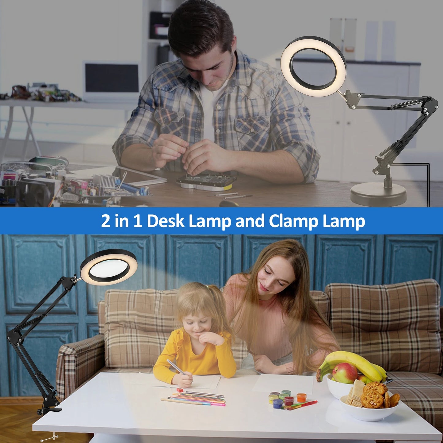 10X Magnifying Glass with Light 2-in-1 Desk Lamp and Clamp Adjustable Swing Arm LED Lighted Desk Lamp for Craft Hobby Close Work - PYJ IT Solutions Online Shop