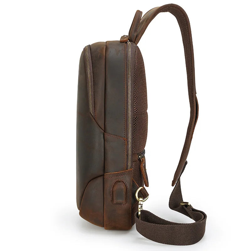 USB Charging Mans Chest Pack Fit 12" iPad Genuine Leather Male Sling Bag Sports Riding Chest Bag Male shoulder Travel Bag - PYJ IT Solutions Online Shop