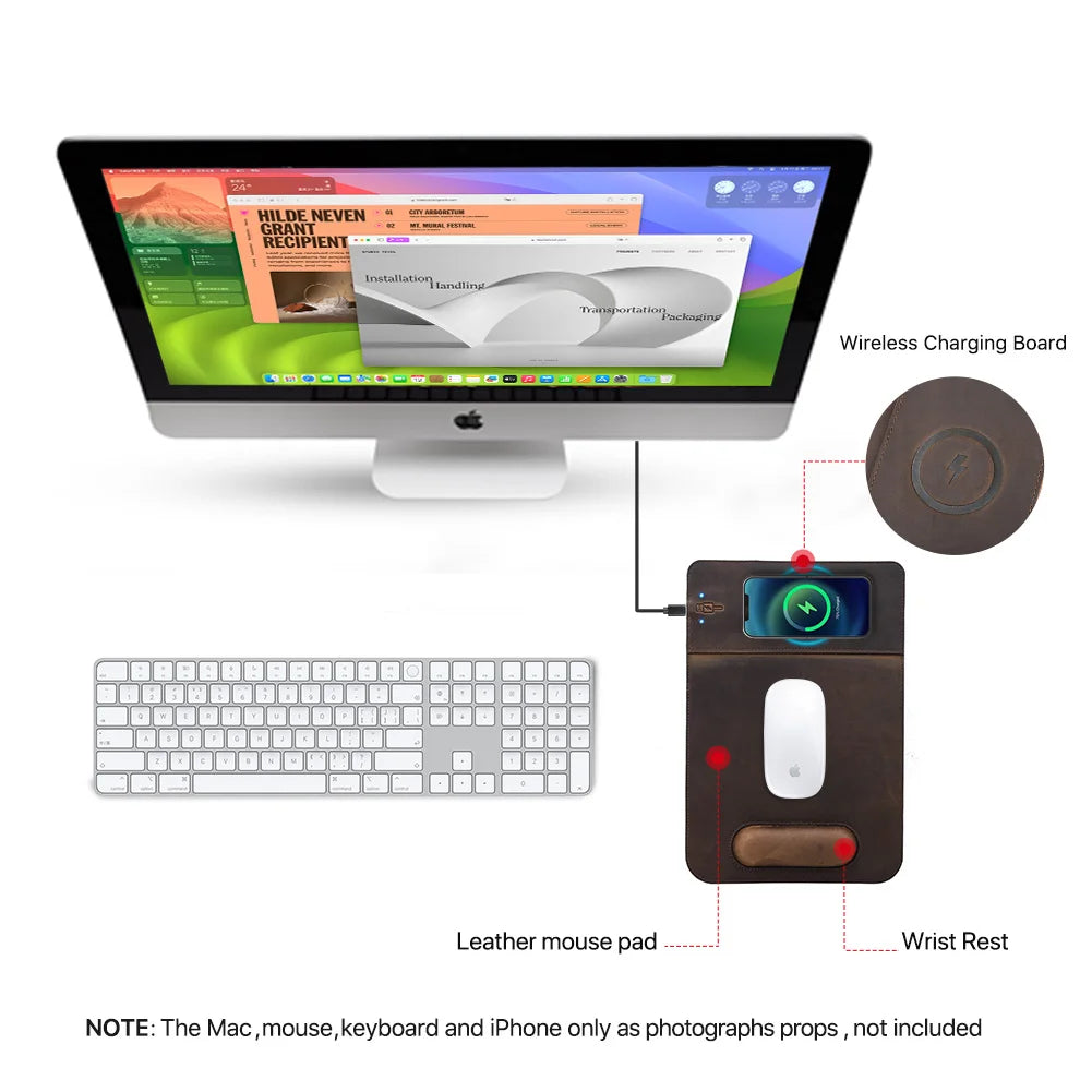 Genuine Leather Mouse Pad With Qi Wireless Charging Desk Pad For Xiaomi Iphone Samsung Galaxy Huawei Type USB C Keyboard Mat - PYJ IT Solutions Online Shop