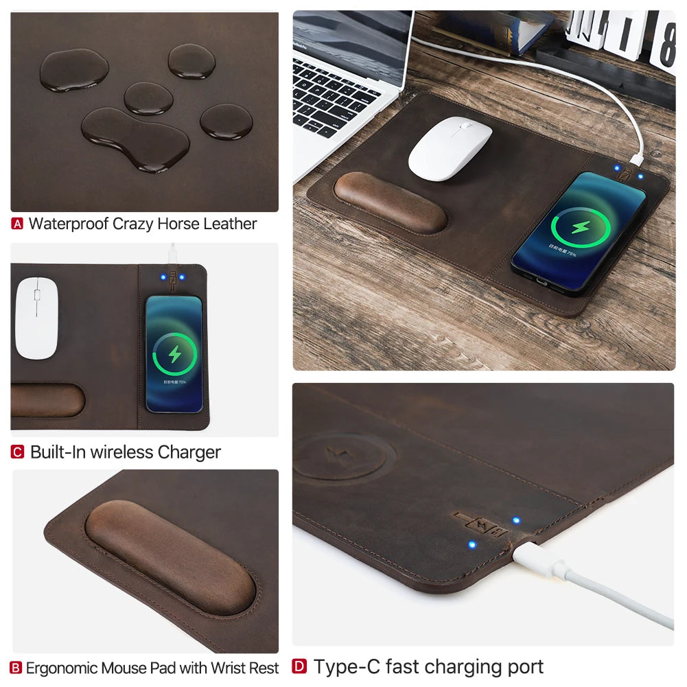 Mouse Pad with 15W Phone Wireless Fast Chargers Genuine Leather Charging Mouse Mat for PC Computer Laptops Office Accessories - PYJ IT Solutions Online Shop
