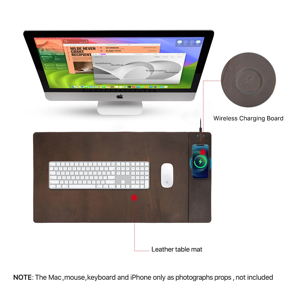 Genuine Leather Mouse Pad With Phone Qi Wireless Charging For Xiaomi Samsung Galaxy Huawei Type USB C 15W Fast Charging Desk Mat - PYJ IT Solutions Online Shop