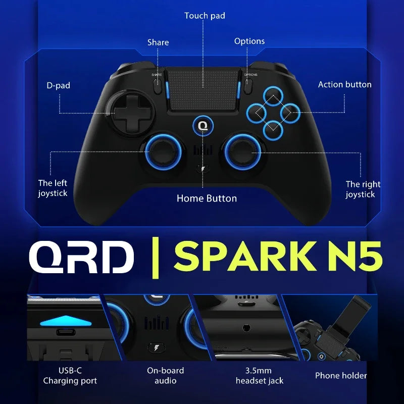 QRD Spark N5 Bluetooth Gamepad Controller Symmetrical Rocker Ergonomic PS4 IOS Android Long Battery Life Gaming Accessories gift - PYJ IT Solutions Online Shop