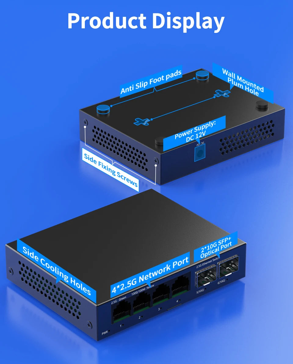 HORACO 2.5GbE Switch 2.5GBASE-T 4 Port 2.5G RJ45 with 2 Port 10G SFP+ Fanless Plug and Play Network Switch Desktop Wall Mounted - PYJ IT Solutions Online Shop