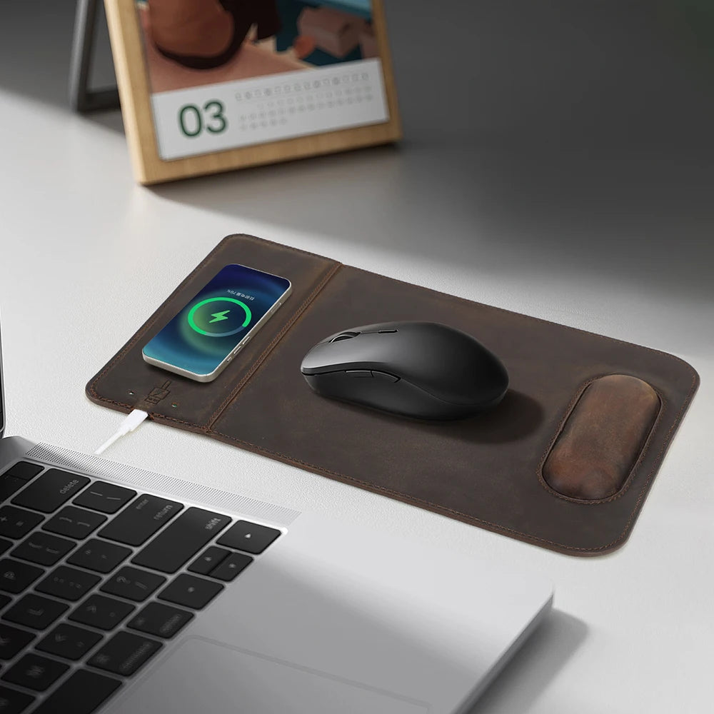 Genuine Leather Mouse Pad With Qi Wireless Charging Desk Pad For Xiaomi Iphone Samsung Galaxy Huawei Type USB C Keyboard Mat - PYJ IT Solutions Online Shop