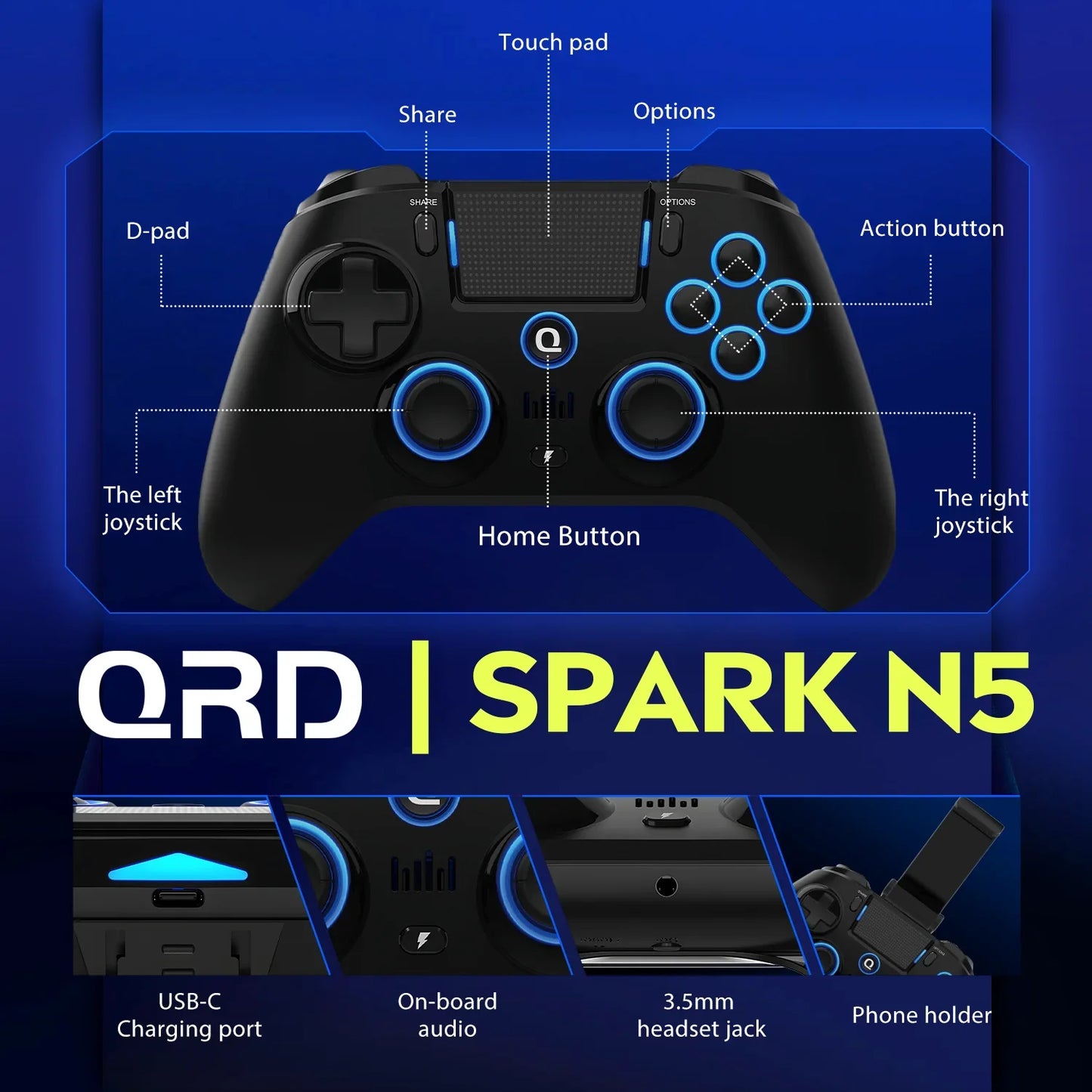 QRD Spark N5 Bluetooth Gamepad Controller Symmetrical Rocker Ergonomic PS4 IOS Android Long Battery Life Gaming Accessories gift - PYJ IT Solutions Online Shop