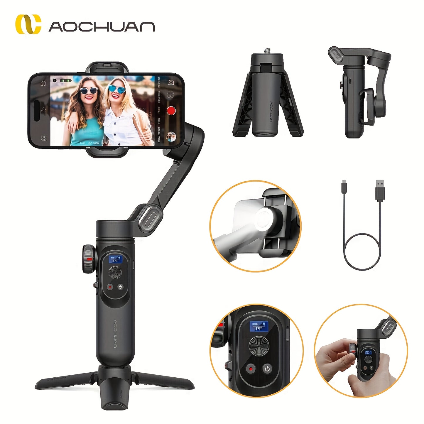 Ao Chuan Smart XPro Cell Phone Gimbal Mount Smart Shooting Outdoor Sports Vlog Three-legged Stabilizer Three-axis Anti-shake Stabilization Comes With A Three-step Fill Light Can Be Reversed Wireless Charging Support App Black - PYJ IT Solutions Online Shop