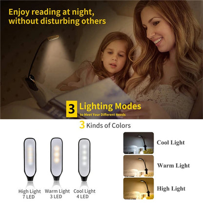 Book Light Mini 7 LED Reading Light Rechargeable 3-Level Warm Cool White Flexible Easy Clip Lamp Read Night Reading Lamp in Bed - PYJ IT Solutions Online Shop