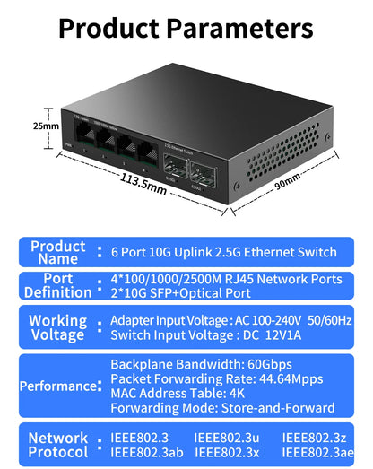 HORACO 2.5GbE Switch 2.5GBASE-T 4 Port 2.5G RJ45 with 2 Port 10G SFP+ Fanless Plug and Play Network Switch Desktop Wall Mounted - PYJ IT Solutions Online Shop