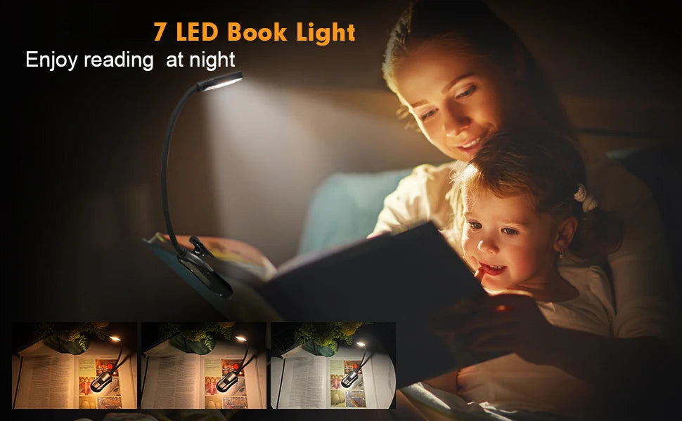 Book Light Mini 7 LED Reading Light Rechargeable 3-Level Warm Cool White Flexible Easy Clip Lamp Read Night Reading Lamp in Bed - PYJ IT Solutions Online Shop